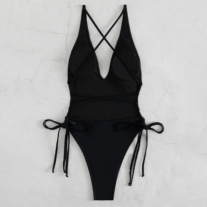 Solid Lace Up One Piece Swimsuit For Women Push Up Beachwear