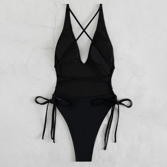 Solid Lace Up One Piece Swimsuit For Women Push Up Beachwear