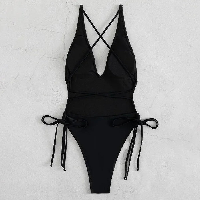 Solid Lace Up One Piece Swimsuit For Women Push Up Beachwear
