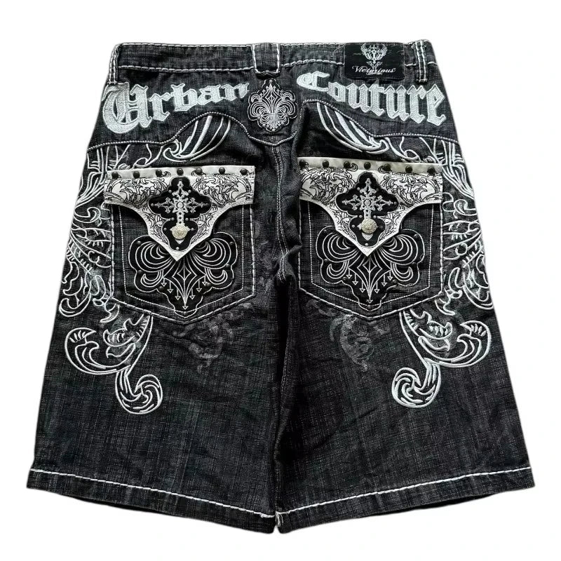 Y2K Denim Shorts Women Baggy Embroidered Streetwear Hip Hop