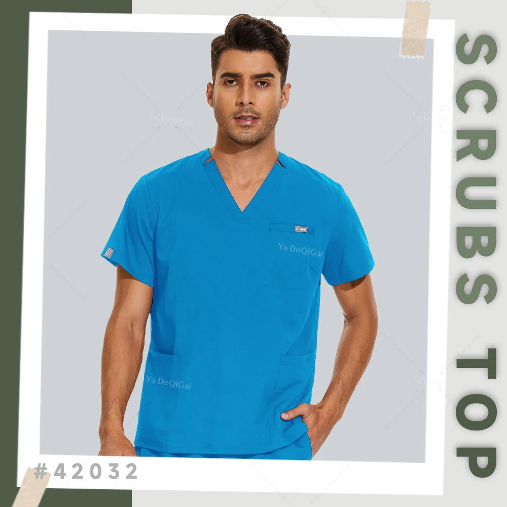 2XL Clinical Workwear Men Scrubs Tops Medical Uniforms Nursing Work Shirts Classic V-Neck Clinical Scrub Top Short Sleeve Blouse