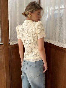 Tossy Lace Cardigan Women Short Sleeve See Through Blouse