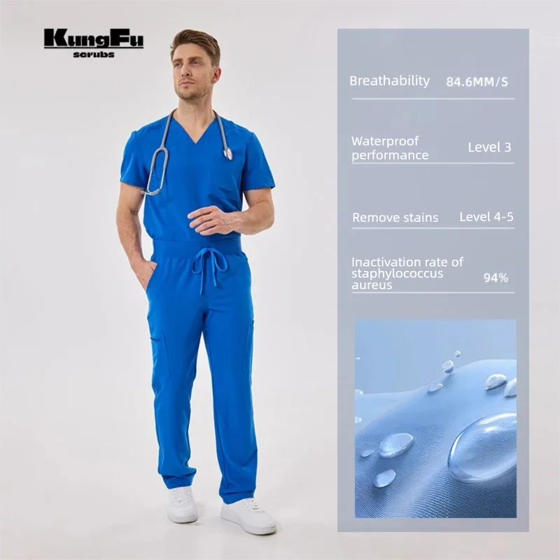 KUNGFU SCRUBS Mens Uniforms Medical Surgical Scrubs Set Short Sleeve V-Neck Top & Pants Soft Breathable Stretch Nursing Workwear