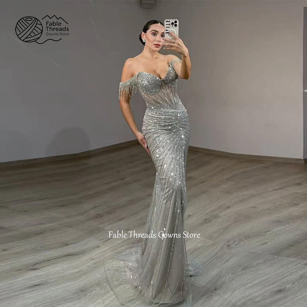 FableT Silver Gray Off Shoulder Sequin Prom Dresses Side High Split Customized فساتين سهرات Floor-Length robes de soi