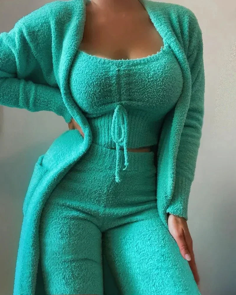 2026 New Luxury Women's Plush Pajamas Set Crop Top+Long Pants+Coat 3 Pieces Suit Homewear Female Matching Sets Warm Pyjamas Pjs