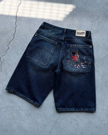 Hip Hop Cartoon Pattern Pocket Embroidery Denim Shorts Y2k Retro Baggy Dark Blue Jeans Short Men Women Street Skateboard Jorts