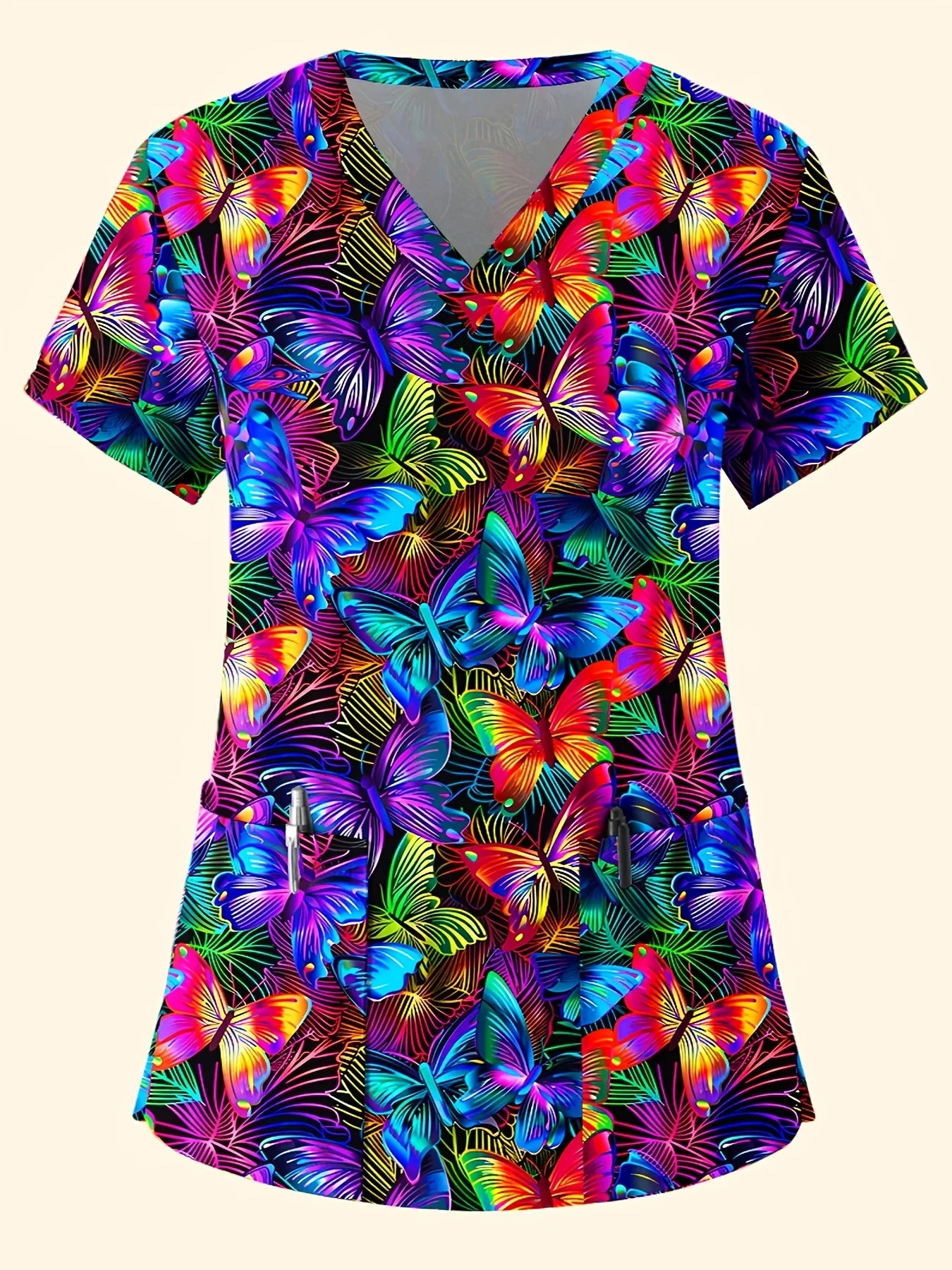Fashion floral Nurse Uniform Short-Sleeve Shirt Commuting Work V-Neck Top Short Sleeves Functional Patch Pockets Women's T-Shirt