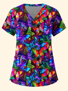 Fashion floral Nurse Uniform Short-Sleeve Shirt Commuting Work V-Neck Top Short Sleeves Functional Patch Pockets Women's T-Shirt