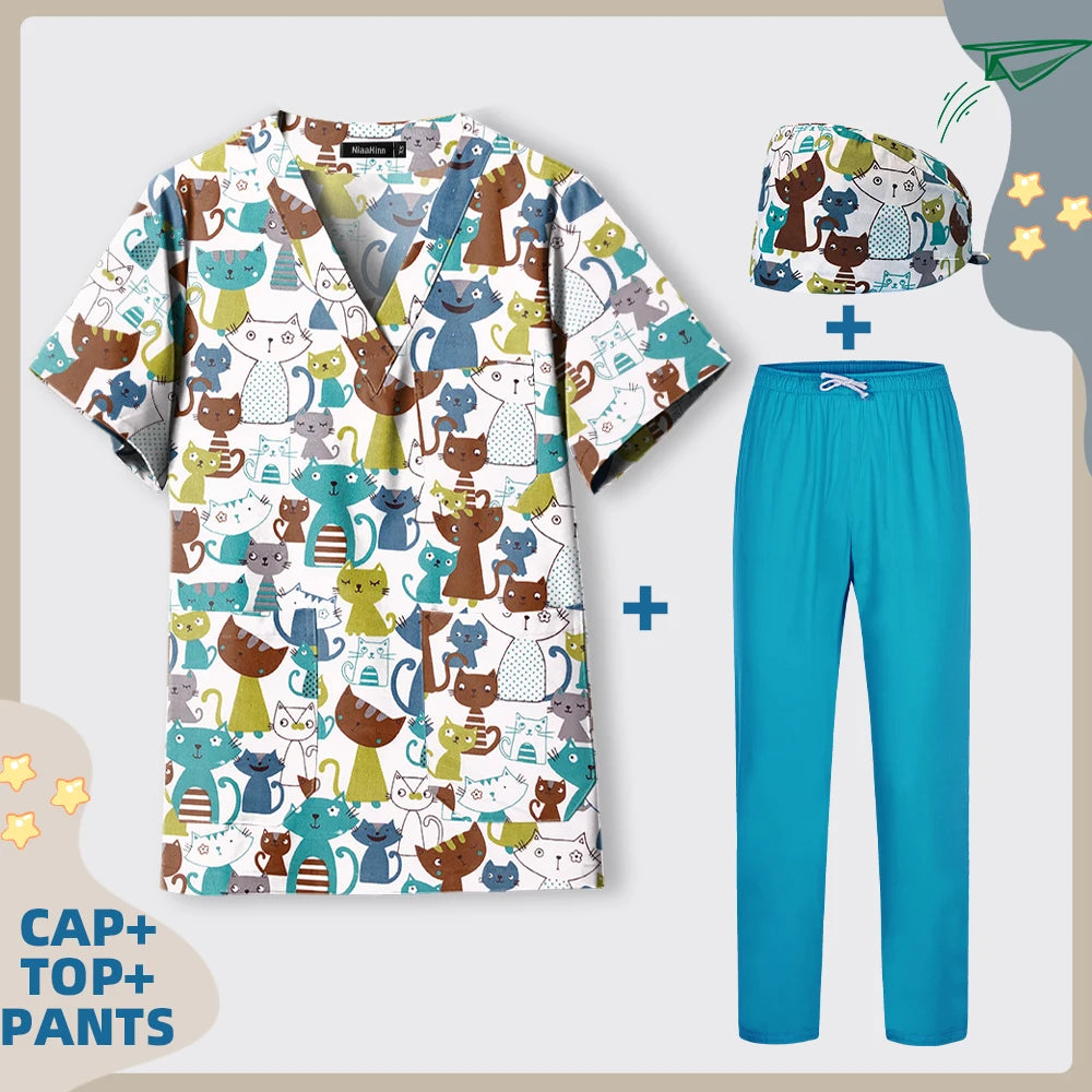 Print Dogs/Cats/Rabbit Scrub Tops Women Men Medical Scrub Shirts Pet Shop Vet Workwear Doctor Nurse Uniform Dentist Overalls Cap