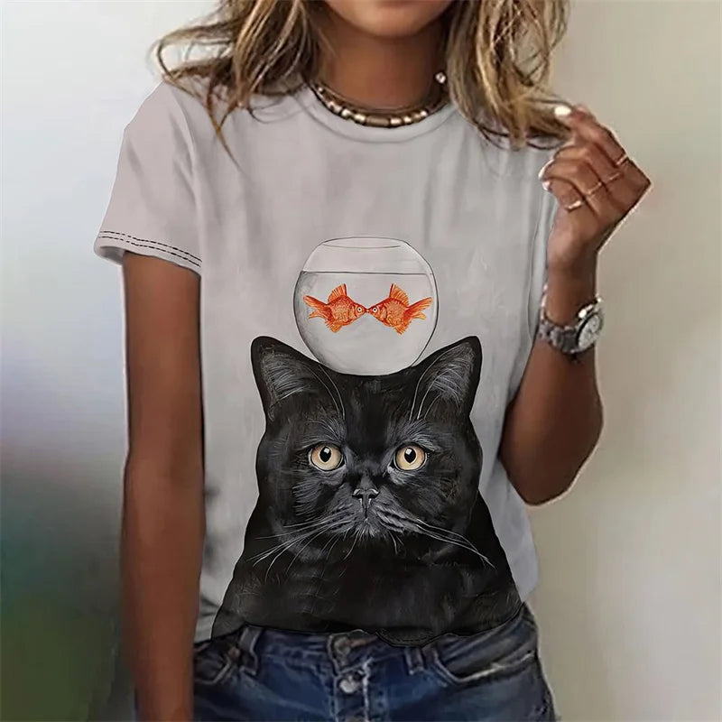 Funny Cat Pattern T Shirt For Women Cute Pet Animal 3D Tee