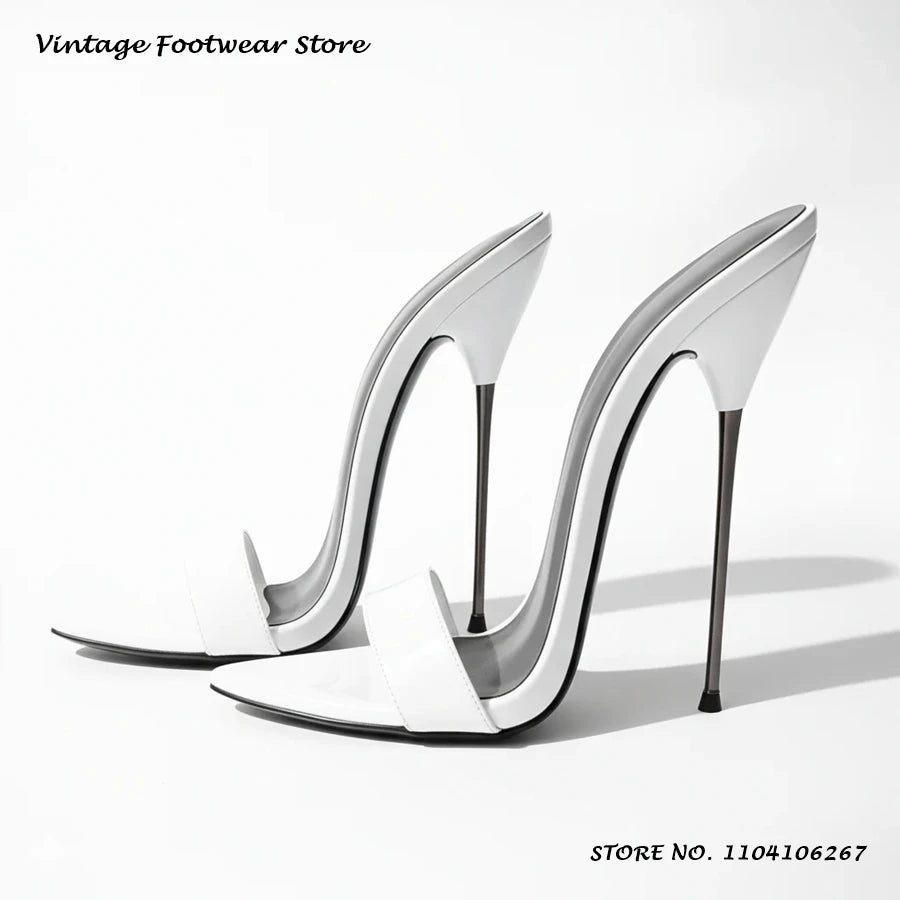 Black Patent Leather Metal Stiletto Mules 16cm Pointed Open Toe Thin Heels Plus Size Shoes Women's Summer Pull On Party Slippers