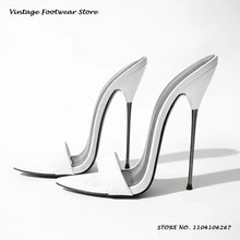 Black Patent Leather Metal Stiletto Mules 16cm Pointed Open Toe Thin Heels Plus Size Shoes Women's Summer Pull On Party Slippers