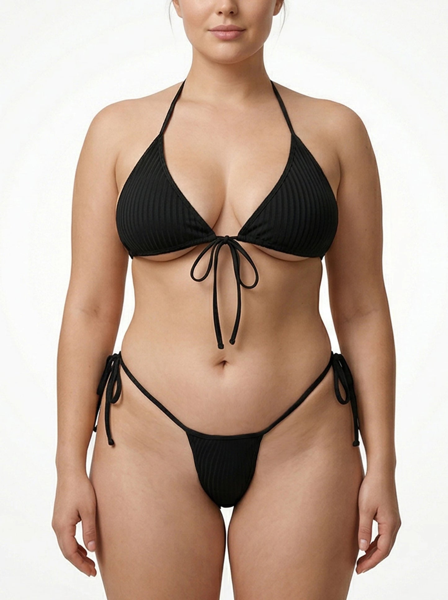 Plus Size Halter Bikini Set Black Ribbed Two Piece Swimsuit