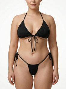 Plus Size Halter Bikini Set Black Ribbed Two Piece Swimsuit