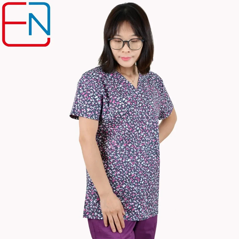 Hennar Print Vet Scrub Uniform For Women In 100% Cotton 4 pockets,XXS-5XL Pet Doctors Medical Scrub Tops