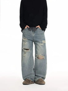 High Waist Men's Blue Jeans Aesthetic Vintage 2000s Streetwear Y2K Wide Leg Jeans 2026 Autumn Ripped Trouser Baggy Denim Pants