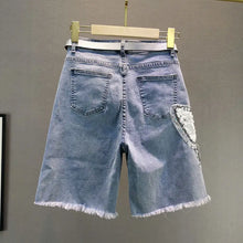 Ladies' Beaded and Sequined Denim Cropped Pants, New Summer Style, Raw-edge Straight-cut, Slim-fitting, Versatile Shorts