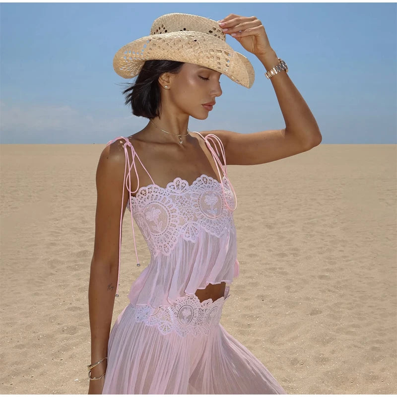 Light Blue Halter Neck Pleated Mini Dress Lady Sleeveless High Waist Hollow Lace Short Vestidos Summer Women's Vacation Outfit
