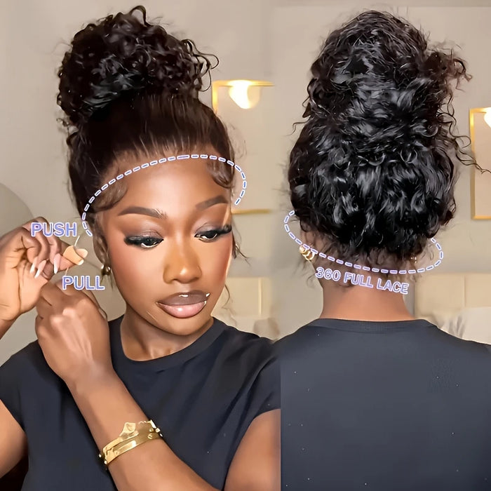 Perruque 36 pouces Invisi Strap 360 HD full lace, cheveux humains, ondulation eau (water wave), densité 250, pré-épilée, pré-coupée, prête à porter, sans colle