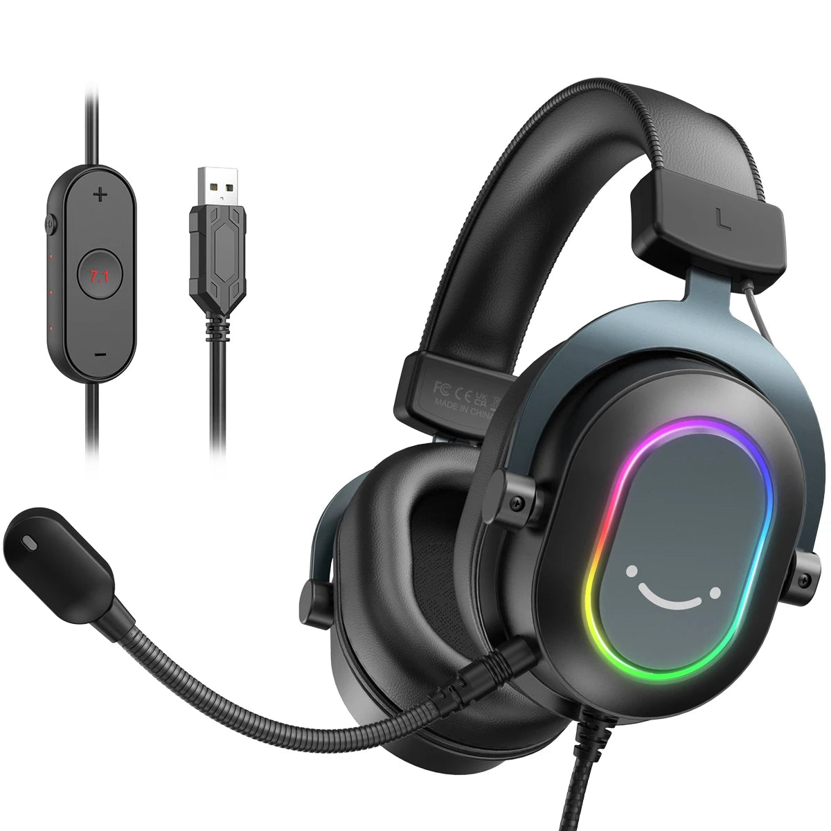 FIFINE Gaming Headset with RGB/7.1 Surround Sound/MIC/Line control,USB Over-ear Headphone for Gamer/PC/PS4/PS5 Ampligame H6P