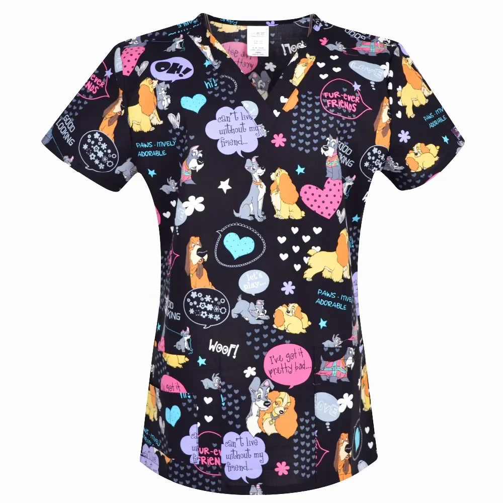 Hennar Print Vet Scrub Uniform For Women In 100% Cotton 4 pockets,XXS-5XL Pet Doctors Medical Scrub Tops
