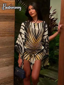 Holiday Loose Striped Mini Dress Women Round Neck Batwing Sleeve Lace Up Chic Dresses Female 2026 Summer Vacation Beach Robes