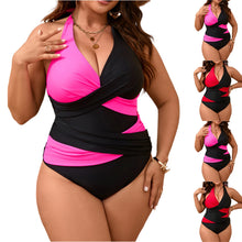Plus Size Color Block Deep V Neck One Piece Bikini
