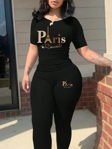 2026 women's new Paris printed two-piece set, casual short sleeved round neck T-shirt and tight pants long pants set
