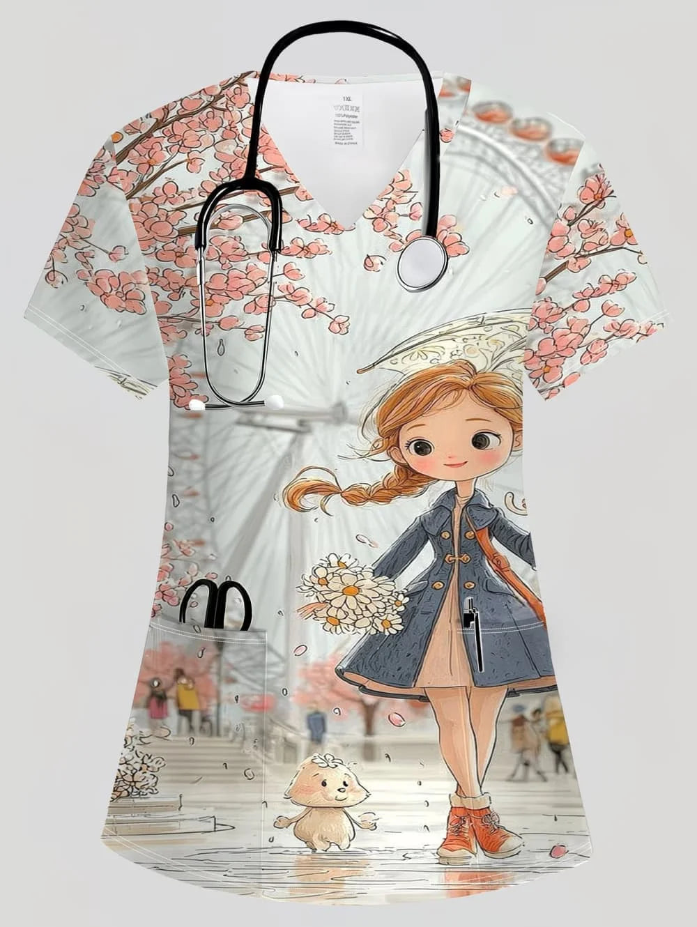 Surgical Uniforms Woman Tooth Cartoon Print Summer Nursing V-Neck Short Sleeve Tops Fashion Dental Microelastic Medical Uniform