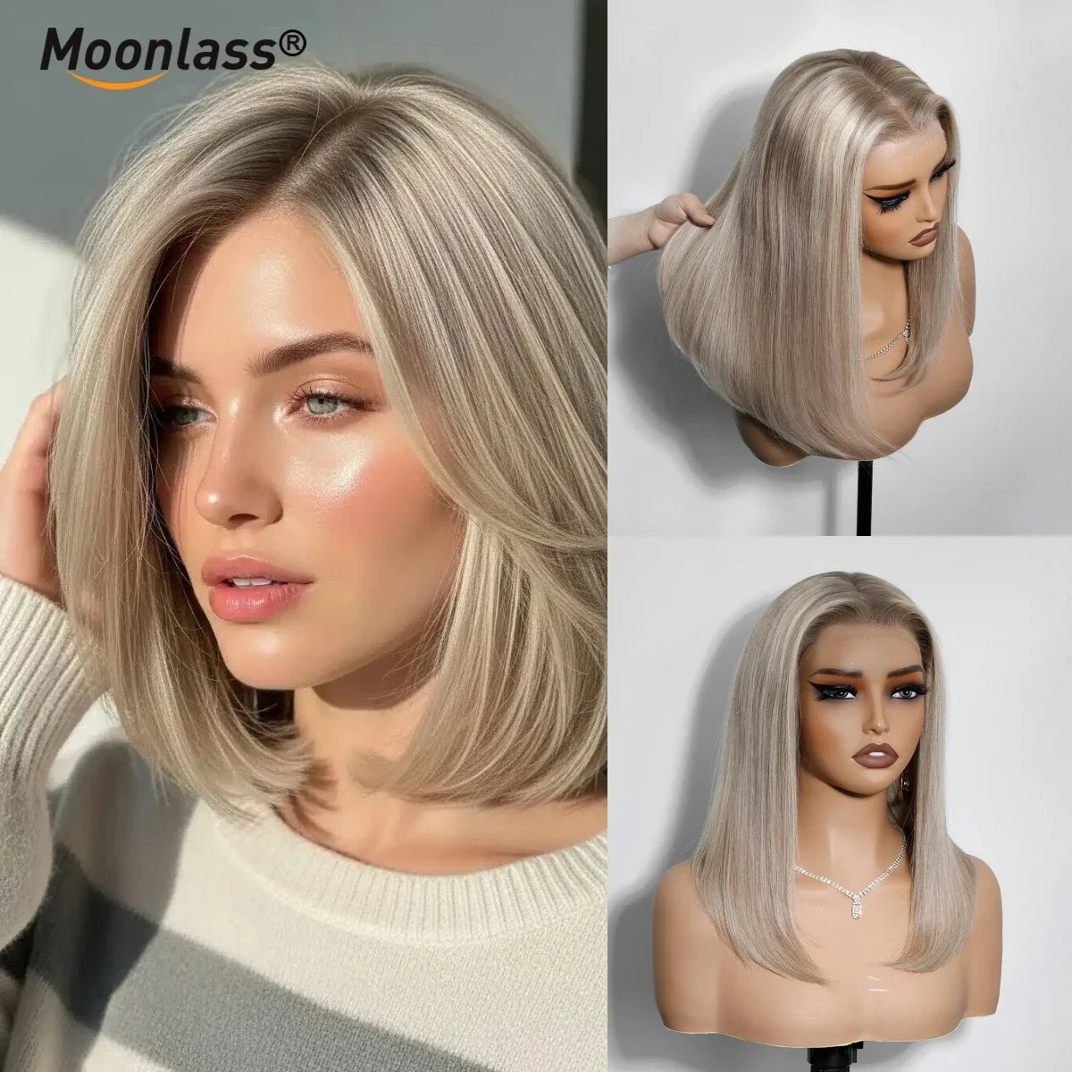 Moonlass Highlight Stardust Grey Gold Blunt Cut Bob 100% Human Hair Wig 210% Density 5x7 Glueless Wig Effortless Morning Routine