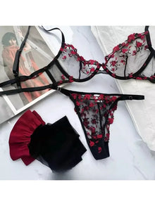 YUQI French Style Luxury Lingerie-Floral Embroidery Black Sheer Bra Set, Sensual Women's Intimates Elegant Transparent Underwear