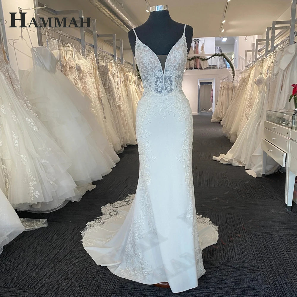 HAMMAH Elegant V Neck Wedding Dresses Mermaid Appliques Lace Spaghetti Strap Satin Court Train Robe De Mariee Customized