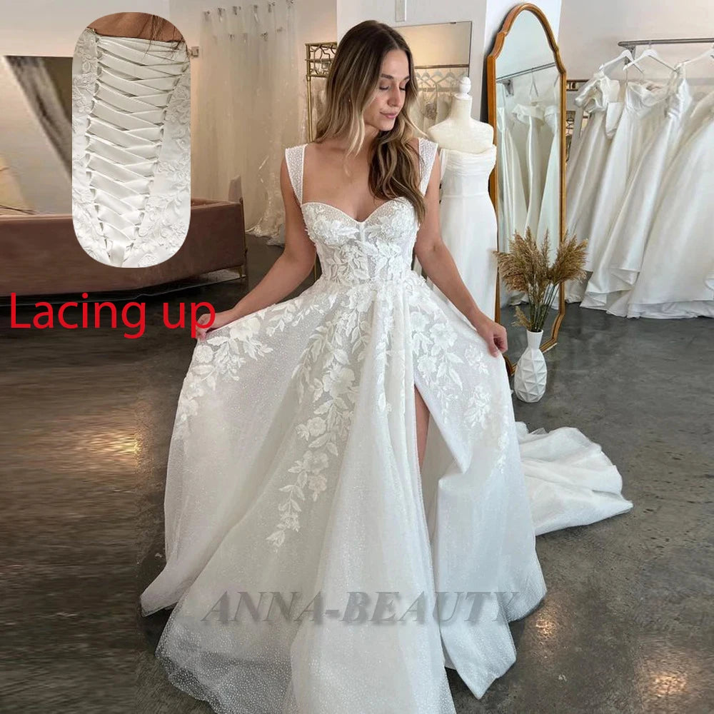 Anna Charming Wedding Dress Bridal Bling Tulle Sweetheart A Line High Side Slit Pleats Lacing up Sweep Train Vestidos De Novia