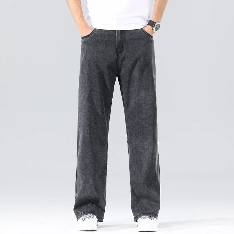 Men's Loose Jeans Summer Fashion Drape Soft Fabric Ultra Thin Pants Wide Legs Ice Silk Lyocell Business Straight Denim Trousers