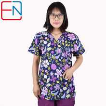 Hennar Print Vet Scrub Uniform For Women In 100% Cotton 4 pockets,XXS-5XL Pet Doctors Medical Scrub Tops