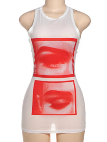 Débardeur sexy pour femme avec imprimé lèvres « Weird Puss », style Y2K hipster, fin, col rond, sans manches, idéal pour les soirées en club et les sorties nocturnes.