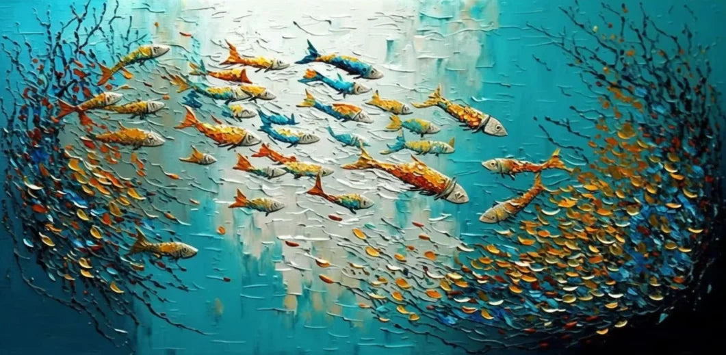 Abstract Blue Sea Fish Canvas Painting Nordic Art Graffiti Large Size Posters Print Modern Living Room Home Decoration Picture