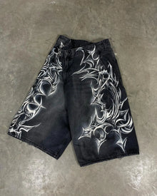American Retro Gothic Halloween Geometry Graffiti Print Denim Shorts Men Women Y2k Low Waist Baggy Knee Length Jeans Jorts Short
