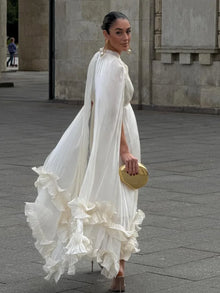 Women Solid Cloak Long Dresses Fashion Stand Neck Lace Sleeveless Ruffle Irregular Hem Dress 2025 New Summer Street Lady Gown