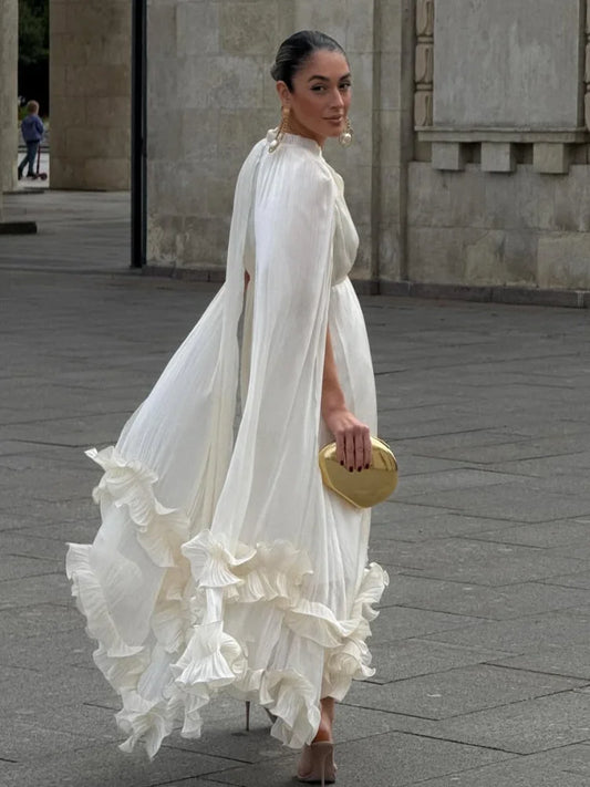 Women Solid Cloak Long Dresses Fashion Stand Neck Lace Sleeveless Ruffle Irregular Hem Dress 2025 New Summer Street Lady Gown