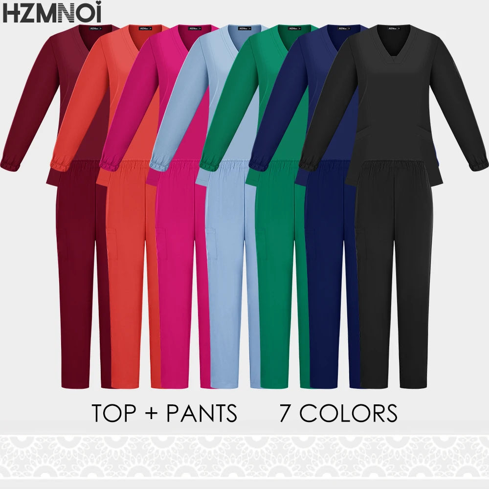 New Scrubs Nurse Uniforms Long Sleeve V-neck Top+Straight Pants Women Multicolor Nursing Scrubs Set Pet Doctor Medical Workwear