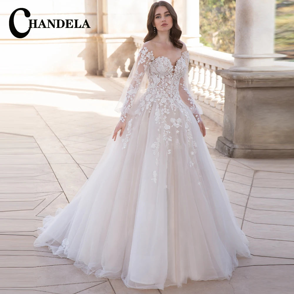 CHANDELA Trendy A-line Wedding Dress Bridal Sleeveless Tulle Lace Appliques Lacing up Brush Train Vestidos Para Mujer Customised