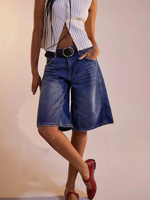 New Womens Knee Length Denim Shorts Solid Color Low Waist Wide Leg Jean Shorts For Summer Club Street Style S-2XL