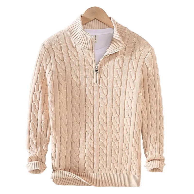 pure Cotton Sweaters Men's High Quality Autumn Cable Knit Christmas Sweater With Zipper Turtleneck Pullovers Zipper Pull Homme