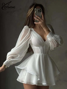 Oymimi Women's White Mini Dress 2026 Spring Deep V-Neck Puff Sleeve Corset Tiered Ruffle Sheer Casual Party Fashion Trendy Wear