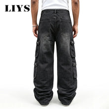 LIYS Men Retro Black Wash Multi Pocket Cargo Jeans Ripped Baggy Wide Leg Y2K Streetwear Denim Pants Tactical Loose Trousers