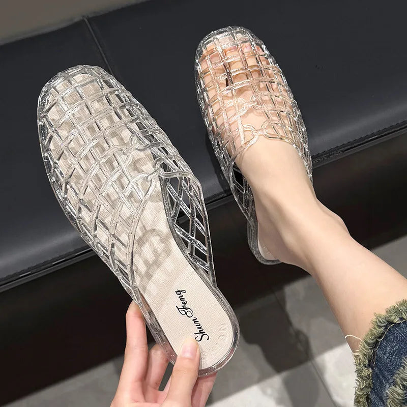 Women's slippers summer breathable women's cool sandals summer sparkling flat hollow out versatile hooded cool sandals for women