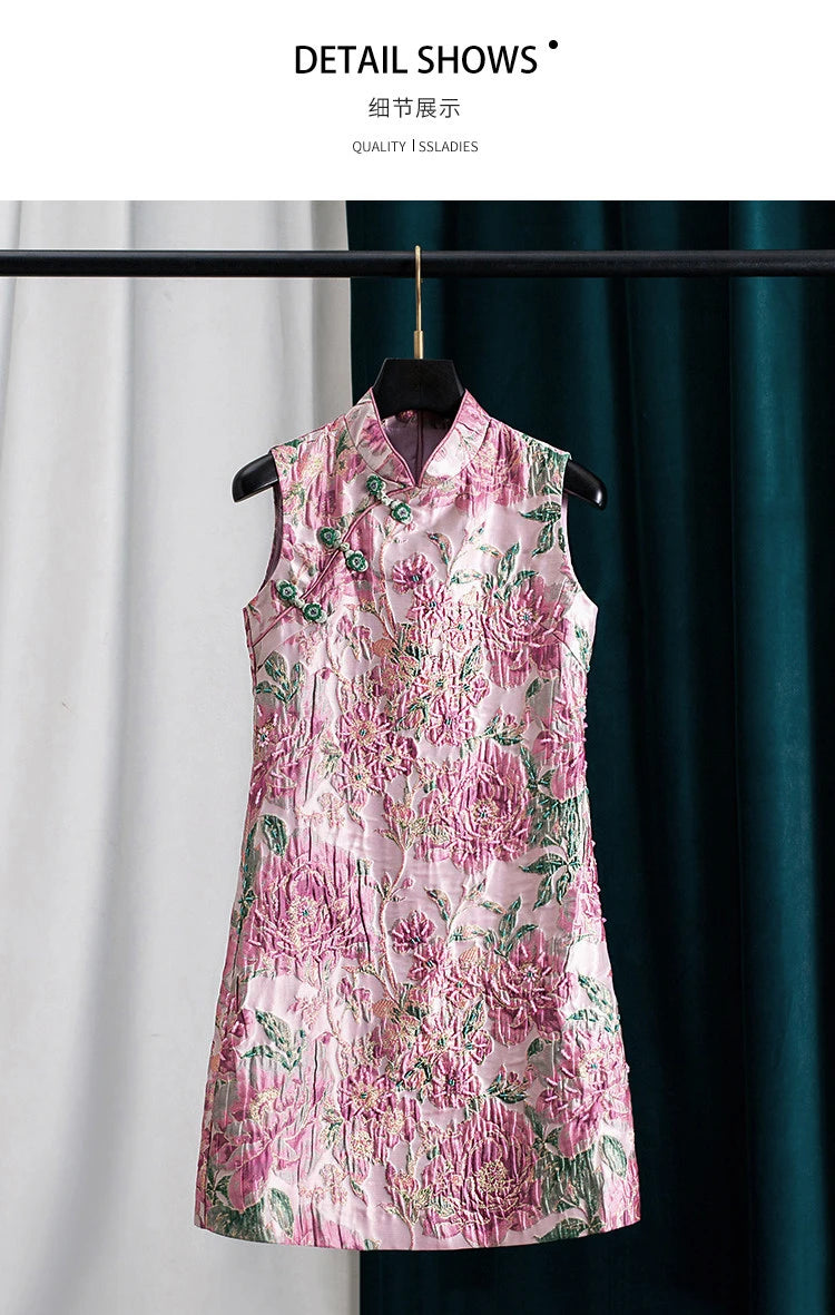 Women Peony Chinese Style Beaded Rhinestone Cheongsam Dress Mandarin Collar Sleeveless Luxury Party Vintage Dress