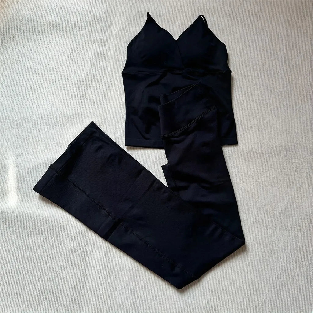 NO LOGO 2 Pieces Flared Legging Set Women Twist Front Sports vest Top Wide Leg Yoga Pants Seamless Yoga Set Tracksuits Workout
