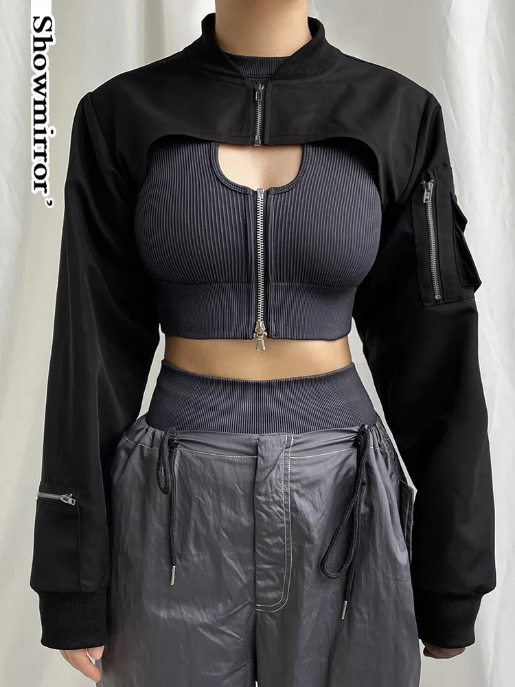 Showmirror Black Zipper Harajuku Gothic Techwear Tee Jacket